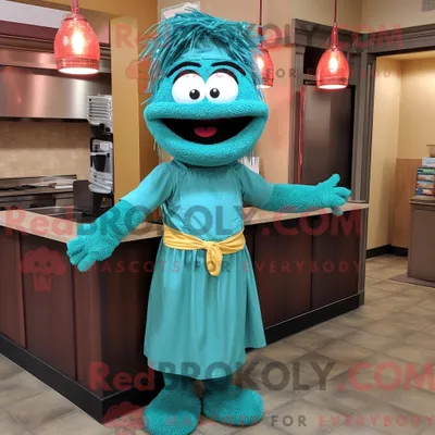 Obrázok produktu pre Maskot spoločnosti REDBROKOLY, postavička Teal Spaghetti, oblečená v nohaviciach a čelenke