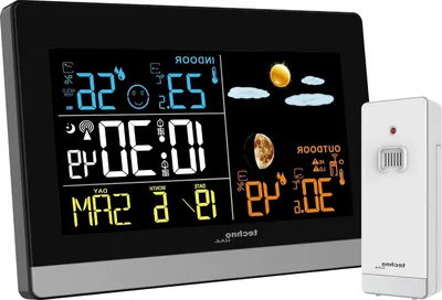 Zdjęcie produktu dla Stacja pogodowa - Prognoza pogody - Do użytku wewnątrz i na zewnątrz - Wyświetlacz LED z kolorami - Wymiary: 144x96x38 mm - Kolor: czarny