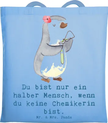 Produktbild von Mr. & Mrs. Panda Jutebeutel Chemikerin Herz - Sky Blue - Geschenk, Beruf, Forschung, Tote Bag, Studium, Spruch, Schultasche, Stoffbeutel, Shopping Tasche, Labor
