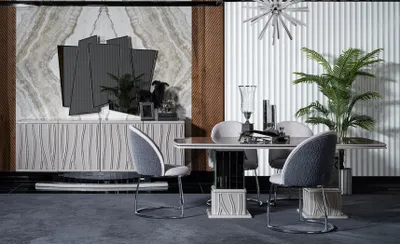 Produktbild von Elegantes weißes Esszimmer Set aus Holz mit Spiegel und Sideboard