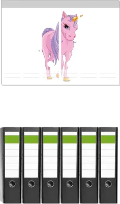 Produktbild von Wallario 6 Stück breite Ordner inkl. Klebeetiketten mit Motive Einhorn in rosa mit Schweif in lila II -  Set mit Rückenschildern / Ordnerrücken Stickern