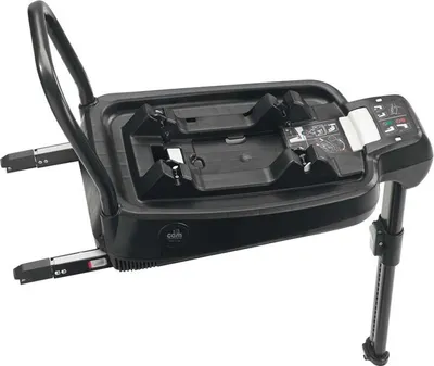 A black car seat base with a handle and adjustable leg.