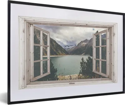 Produktbild von MuchoWow® Gerahmtes Poster Aussicht - Wasser - Berg 60x40 cm - Poster mit Schwarzem Bilderrahmen Wandposter Rahmen Foto Bilder - Schlafzimmer - Plakat in Rahmen - Drucken