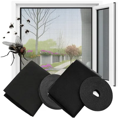 Produktbild von Fliegengitter Fenster Moskitonetz Insektenschutz 2er Set 150x180 cm Schwarz mit Klettband