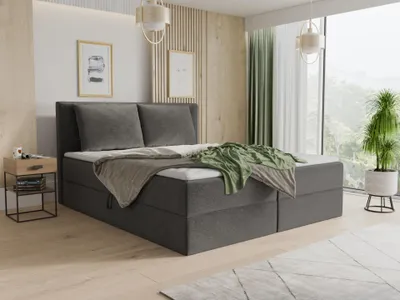 Produktbild von Boxspringbett Egro mit 2 Bettkästen und Zwei große Kissen - Doppelbett mit Bonell-Matratze und Topper, Polsterbett (Dunkelgrau (Kronos 22), 140 x 200 cm)