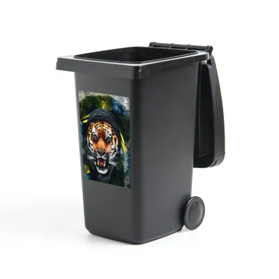 Obrázok produktu pre MuchoWow® Nálepka na odpadkový kôš - Tiger - Noviny - Kvety - 60x40x0.1cm