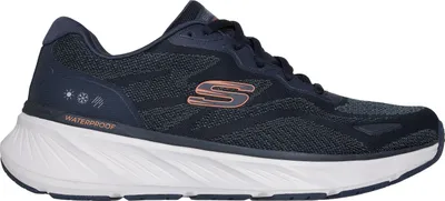 A side view of a blue Skechers athletic shoe.