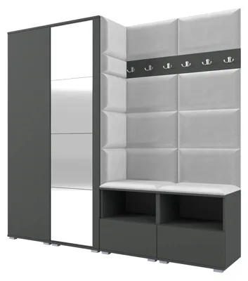 Productafbeelding van Garderobe NELA VI, 200 cm, modulaire entreekast, grafietkleur, met spiegel en zitkussen, lichtgrijs (universeel)