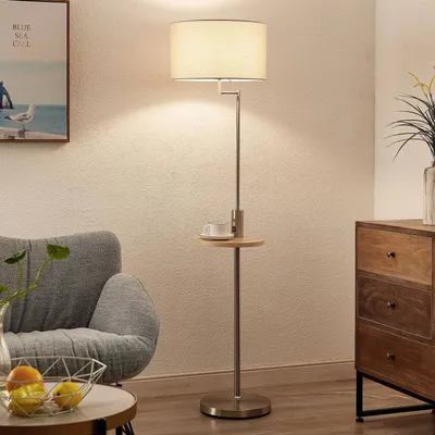 Produktbild von Lindby Stehlampe Zinia, nickelfarben, Ablage, USB-Anschluss