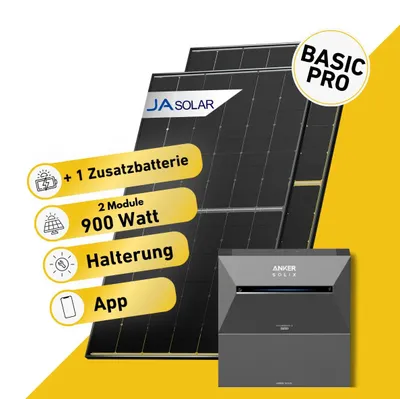 Produktbild von Balkonstrom Balkonkraftwerk 900W Solaranlage mit Speicher | 1xZusatzspeicher | Ziegeldachhalterung | 2xSolarmodul Bifazial | Anker Solix 3 Pro