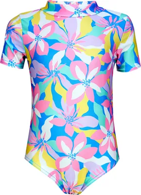 Produktbild von Aquarti Baby Mädchen Badeanzug Einteiliger Kurzarmbody UV-Schutz Schwimmanzug Body Swimmsuit, Farbe: Blumen / Rosa / Blau / Gelb, Größe: 104