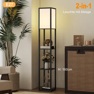 Produktbild von Moderne Stehleuchte Schwarz mit 3 Regalen & Ablagen – 160 cm Säulen-Stehlampe E27 | Platzsparende Standleuchte mit Fußschalter & Kippschutz für Wohnzi