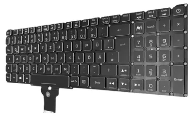 A black keyboard with German lettering, shown from a slightly elevated diagonal angle.