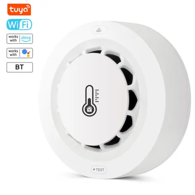 A white smart home device with a thermometer icon on a white background.