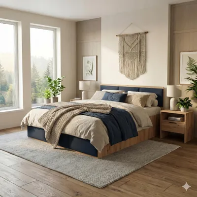 Produktbild von Komvortowy | Polsterbett 120x200 Cm | EICHE CRAFT GOLD | Doppelbett Mit Metall-Lattenrost & Gasdruckfeder |DUNKELBLAUES POLSTERPANEEL| Bettkasten Ohne Bodenplatte | Stauraumbett | Hochklappbar