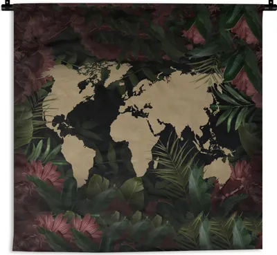 Produktbild von MuchoWow® Wandteppich Wandbehang Weltkarte - Blumen - Rosa 150x150 cm Tapisserie Dekoration Wandtuch - Wohnaccessoires - Modernes