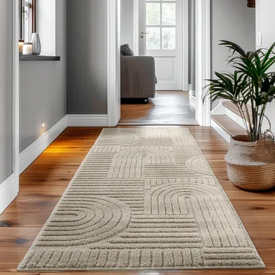 Produktbild von Hochflor Teppich Wohnzimmer Küchenteppich Schlafzimmer Flur Skandi Boho Teppich 3D Design Flauschig Weich , Größe : 80 x 150 cm , Farbe : Beige