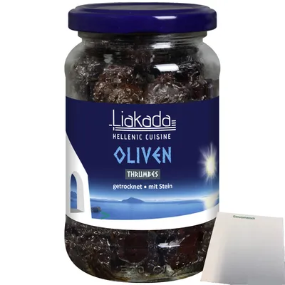 Produktbild von Liakada Schwarze Oliven Thrumbes getrocknet mit Stein (230g Glas) + usy Block