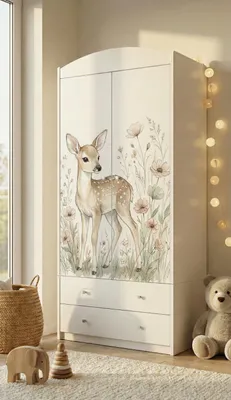Immagine prodotto di Armadio per bambini bianco 88x177 cm con 2 cassetti e asta appendiabiti, mobili per cameretta spaziosi, palloncini, animali