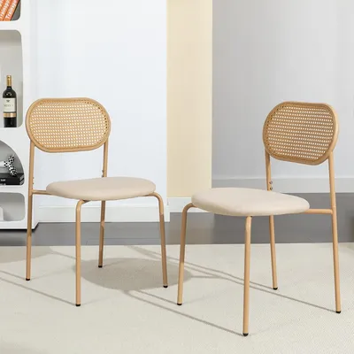 Produktbild von CDGlobal Rattansessel Esszimmerstühle 2er Set, Küchenstuhl Rattanstuhl Rustikaler Sessel, Lesestuhl mit Massivholzbeinen, bequemer Retro Sessel für Wohnzimmer/Esszimmer