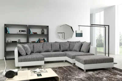 Produktbild von Wohnlandschaft Sofa Couch Ecksofa Eckcouch + Hocker weiß / hellgrau Minsk XXL