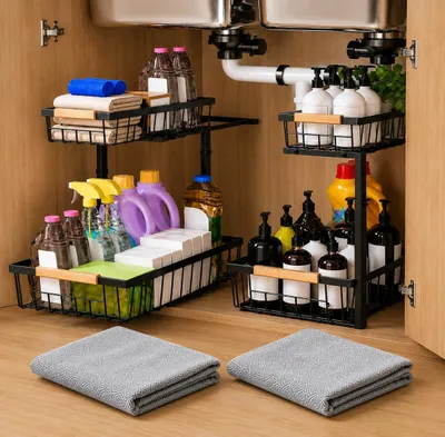 Verstellbarer Spülbecken-Organizer 28-42 cm, Metallregal, schwarz