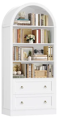 Produktbild von Bücherregal mit Bogen - Freistehendes Regal - 4 Ablagen - Mit Schubladen - Holz 79,5x36x177 cm - Für Wohnzimmer und Küche - Weiß