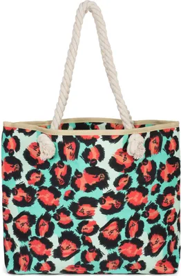 Produktbild von styleBREAKER Strandtasche mit buntem Leoparden Print | Damen Shopper mit Kordelhenkel und Reißverschluss | Badetasche mit Animal Print | 48 x 37 x 12 cm