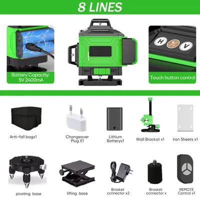 Immagine prodotto di Livella laser - Laser 4D - 8 linee - Autolivellante - Linee laser orizzontali e verticali a 360° - Raggio laser verde - Batteria inclusa