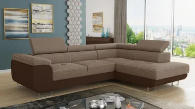 Produktbild von Ecksofa Caris mit Schlaffunktion und einstellbare Kopfstützen, Wohnlandschaft, Couchgarnitur, Bettkasten, Sofagarnitur, Couch, Sofa (Braun + Cappuccino (Sawana 16 + Sawana 02), Ecksofa Rechts)