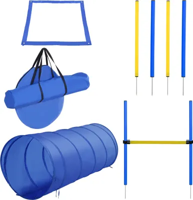 Produktbild von PawHut agility set pro psy, agility vybavení pro psí tréninkové hry s tunelem pro psy, 4 agility překážky, slalomové tyče, sada pro výcvik psů, modrá barva