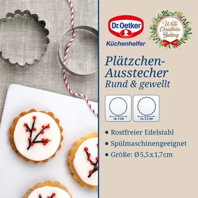 Produktbild von Dr. Oetker Ausstecher-Set Ringe, gewellte Ausstechform für Plätzchen, Kekse und Fondant, runde Plätzchenform für Weihnachten, Keksausstecher aus Edelstahl (Farbe: Silber), Menge: 1 x 2er Set