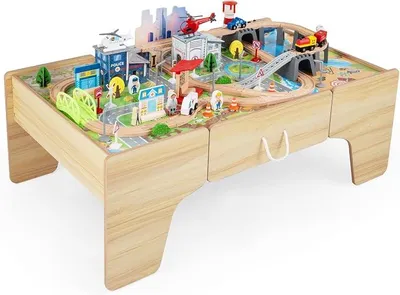 Imagen del producto de Mesa de tren eléctrico 3 en 1 para niños, juego de tren de madera de 110 piezas
