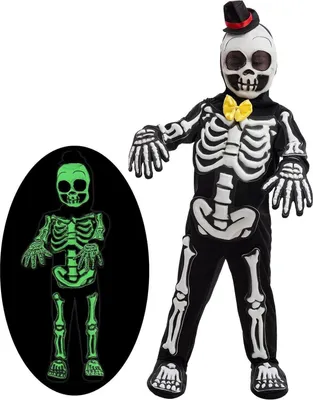 Produktbild von Kinder Skelett Kostüm leuchtet im Dunkeln Halloween Gruselig M Schwarz