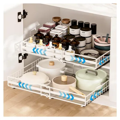Produktbild von 2 Stück Teleskopschubladen für Küchenschränke mit Klebestreifen, ausziehbar und ohne Bohren, erweiterbare Breite 31-50cm/32-52cm