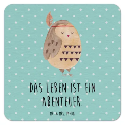 Produktbild von Mr. & Mrs. Panda Tassenuntersetzer Eule Federschmuck 25er Set - Türkis Pastell - Geschenk, Abenteuer, Tischuntersetzer, gläseruntersetzer, Waldtiere, Getränkeuntersetzer