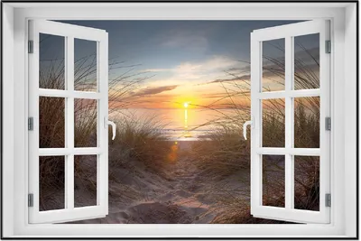 Produktbild von Wallario Wandbild mit Fenster-Illusion: Sonnenuntergang am Strand, Größe: 61 x 91,5 cm, Poster mit schwarzem Aluminiumrahmen