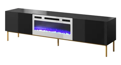 Produktbild von Fernsehschrank SLIDE 200x57x40 cm Tv-Schrank mit elektrichem Kamin Heizfunktion Lowboard 2 Klappen Metallgestell Schwarz Hochglanz/Weiß Kamin
