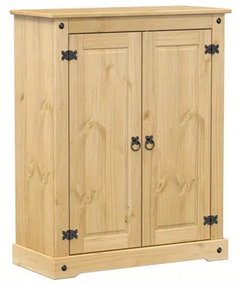 Image de Armoire à chaussures en bois massif de pin, avec deux portes et trois tiroirs, de couleur marron, dimensions : 86 x 38,5 x 108 cm