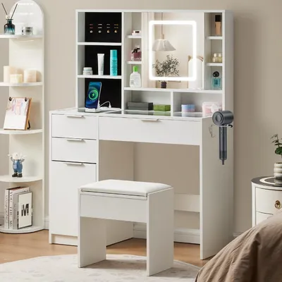 Productafbeelding van Make-uptafel met verlichting, 3 lades, glazen blad, wit, 100x40x138 cm