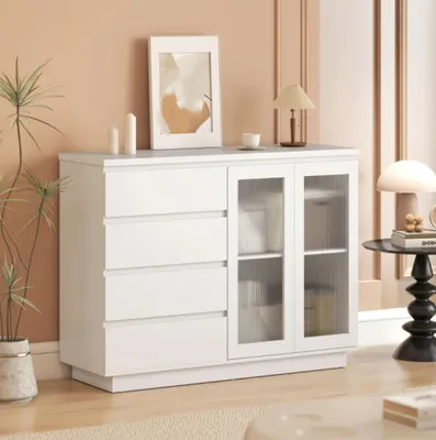 Produktbild von Buffetschrank, Sideboard mit 4 Schubladen, 2 Glastüren, modernes Design,Kommode