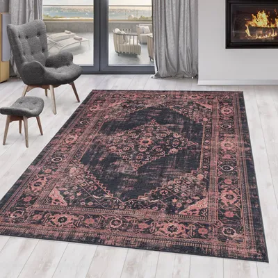 Produktbild von Klassischer Orient-Vintage-Teppich in Schwarz und Rot, maschinenwaschbar, rutschfest 80 x 250 cm