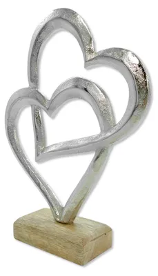 Produktbild von Metall Figur zwei Herzen auf Holz-Fuß 15 x 20cm Dekofigur Tisch-Deko Metallherz Skulptur