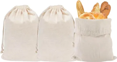 Produktbild von Allecto Plus - Wiederverwendbare Leinenbrotbeutel 3 Stück zur Brotaufbewahrung - mit Zugband - Brottasche für Obst und Gemüse - 30 x 40 cm