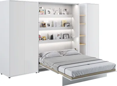 Produktbild von Wohnwand mit Schrankbett Bed Concept 180x200 Lenart Kleiderschrank Regalschrank Regal Led Beleuchtung Weiß/Artisan Eiche