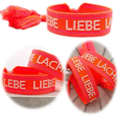 Produktbild von LS-LebenStil Canvas Statement Armband Lebe Liebe Lache Pink besticktes Stoffarmband gewebt textiles Quasten Spruch Boho Geschenk Freundschaftsarmband