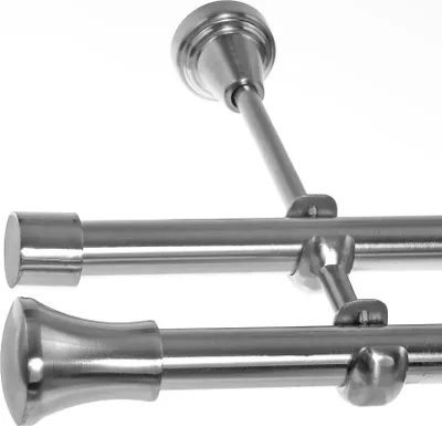 Produktbild von Gardinenstange Set Edelstahl Look Metall Ø 19mm zur Wandbefestigung 2-lauf Knauf, Länge wählbar H28 E62 E61