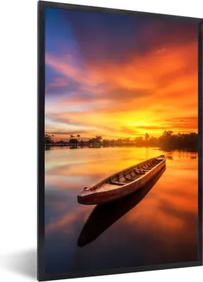 Produktbild von MuchoWow® Gerahmtes Poster Boot - Wasser - Sonnenuntergang - Orange - Wasser 60x90 cm - Poster mit Schwarzem Bilderrahmen Wandposter Rahmen Foto Bilder - Kunst
