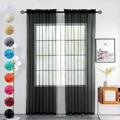 Produktbild von Unyqoos® Halbtransparente Polyester-Gardinen 2er-Set, Schwarz, 140 x 175 cm – lichtdurchlässig für Wohn- & Schlafzimmer