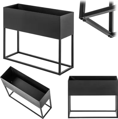 Multiple views of a black metal planter box on a stand.